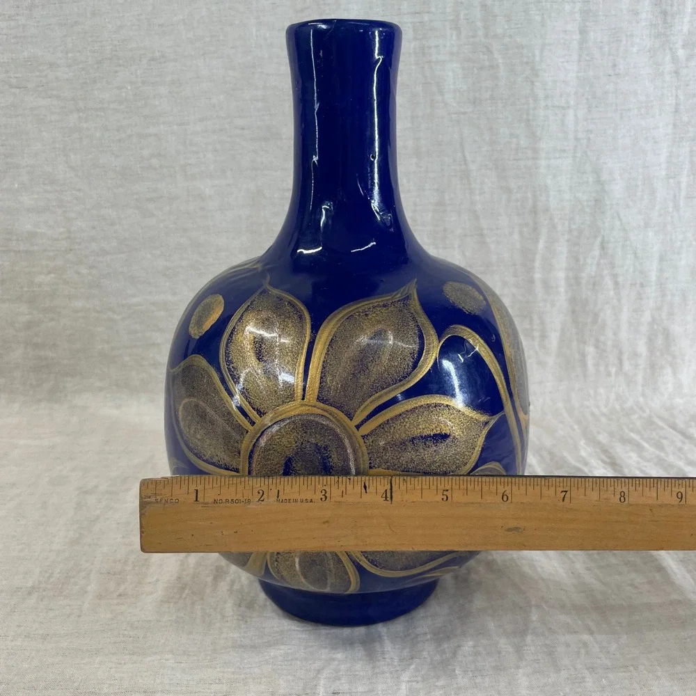 Cobalt Blue Gold Floral Tonala Bedside Water Carafe Ceramic Vase Eclectic Decor